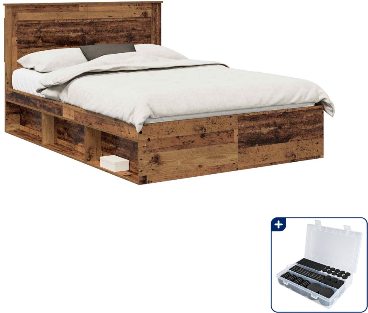 vidaXL Bedframe - 150 x 200 cm - bewerkt hout - oudhout - Inclusief antikrasvilt 177-delig Grijs