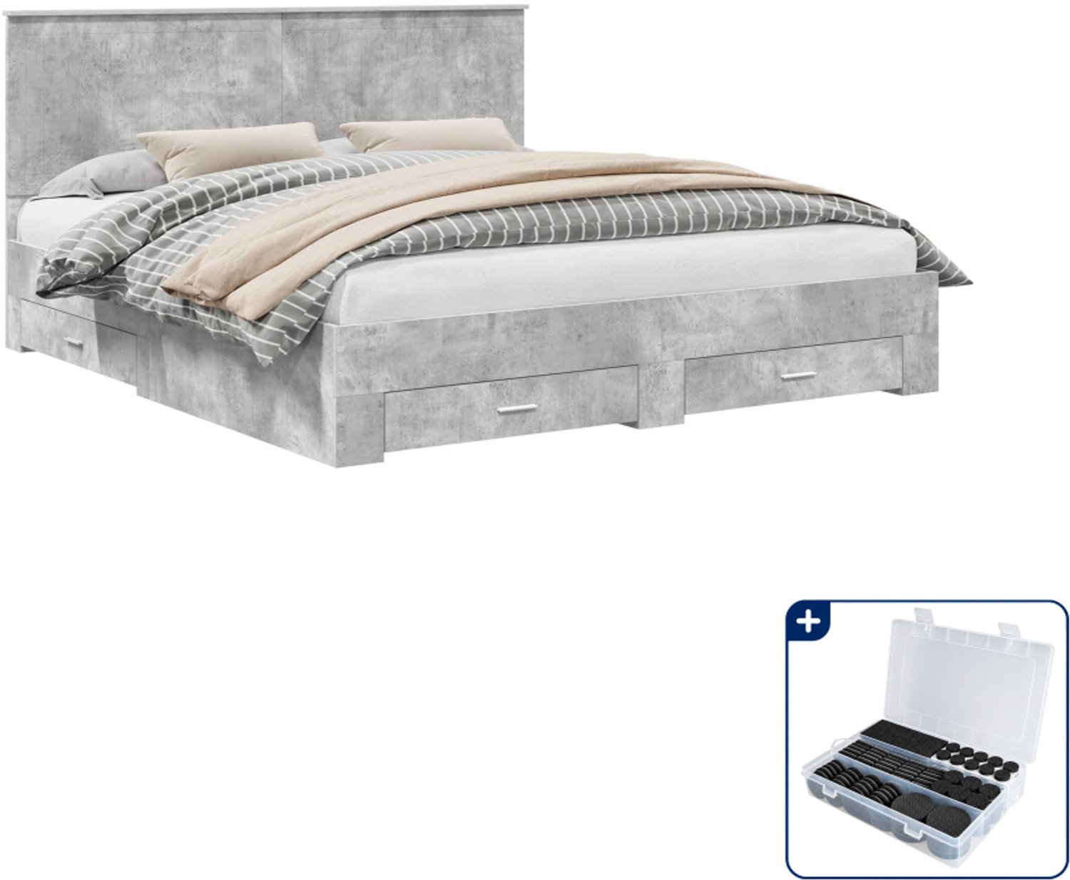 vidaXL Kingsize bedframe - 180 x 200 cm - bewerkt hout - beton grijs - Inclusief antikrasvilt 177-delig