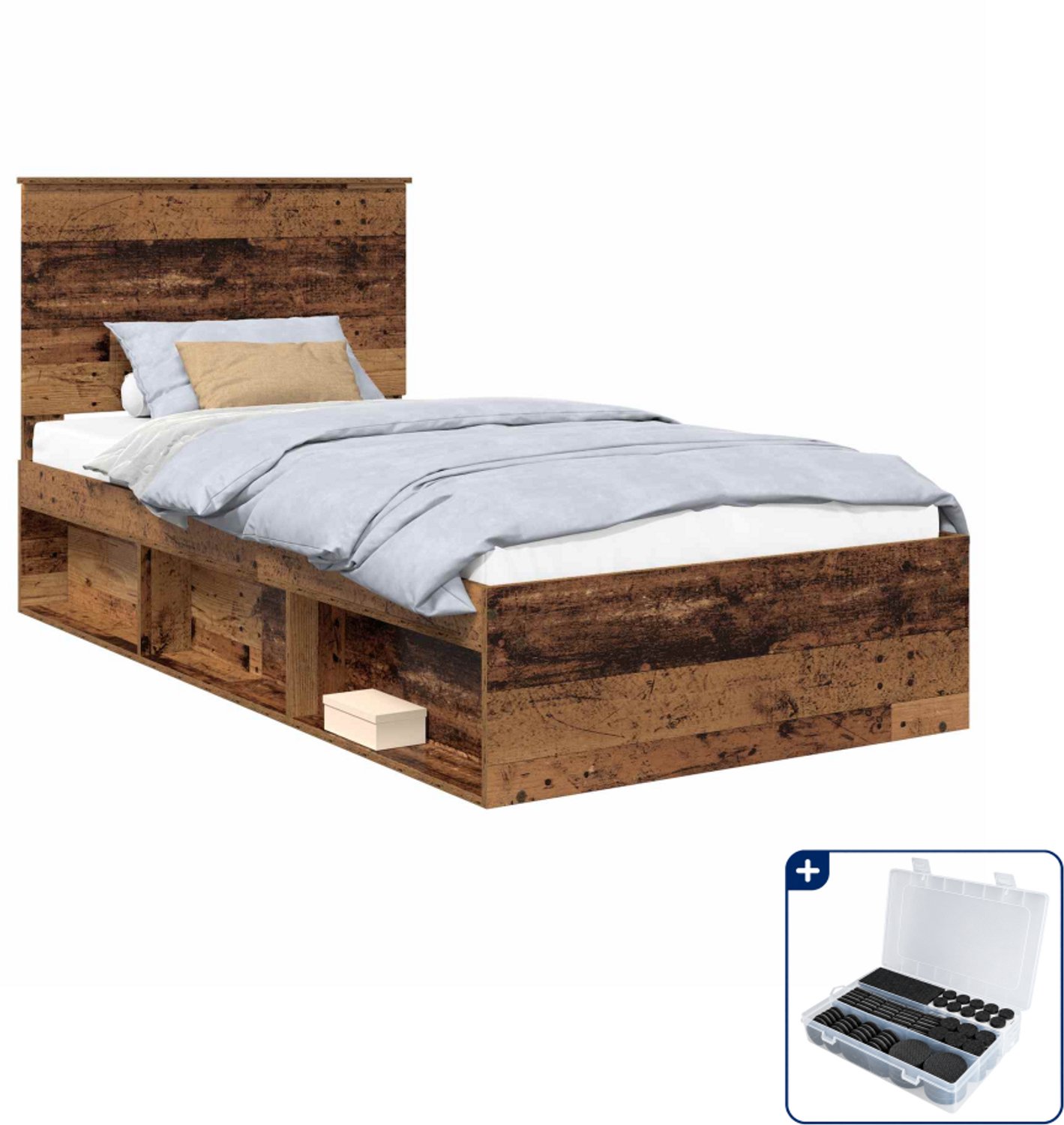 vidaXL bedframe - 100 x 200 cm - bewerkt hout - oudhout - Inclusief antikrasvilt 177-delig Grijs