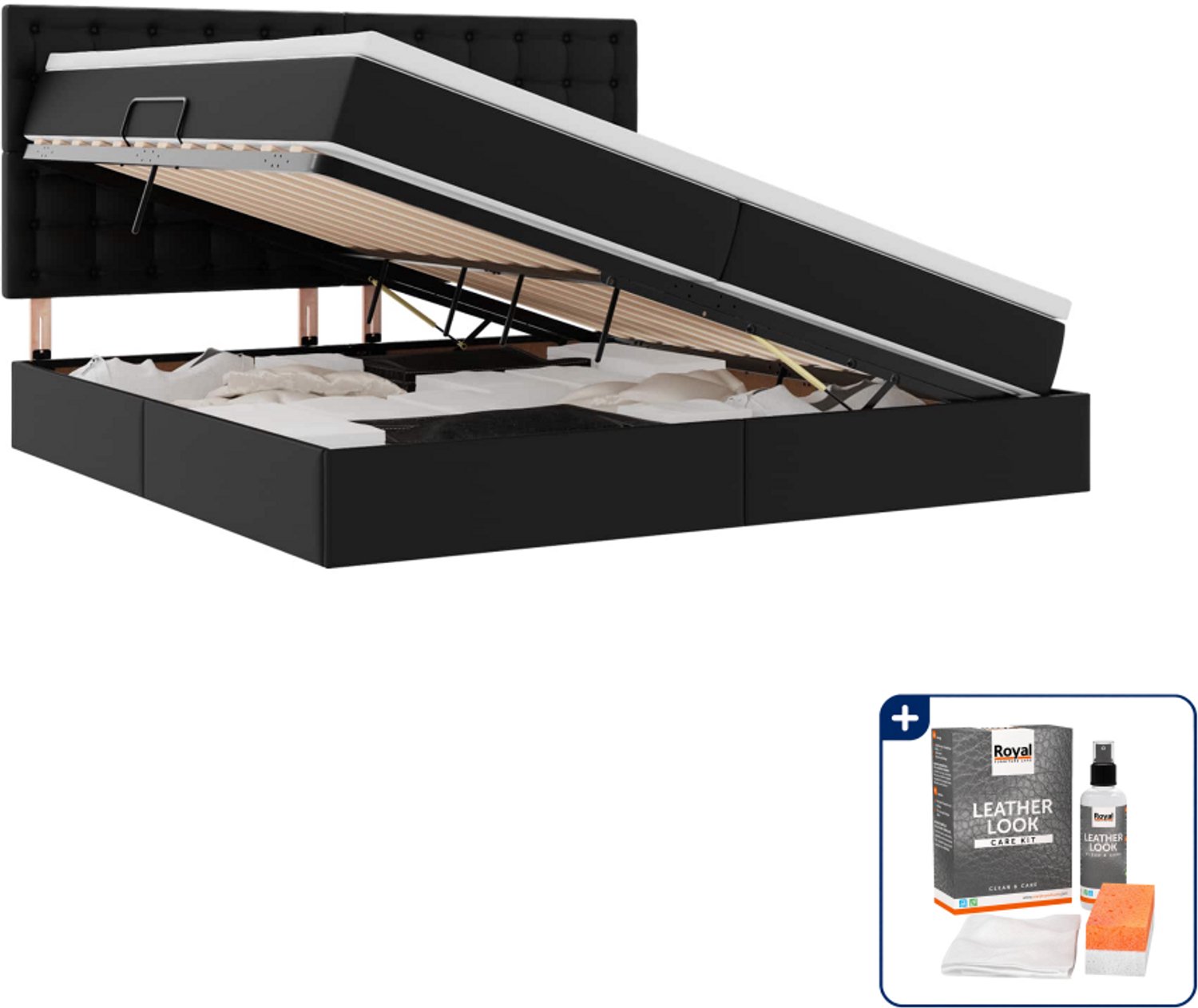 vidaXL Opbergbed - Super kingsize - 200 x 200 cm - zwart - Inclusief onderhoudsset voor kunstleer 150 ml Blauw