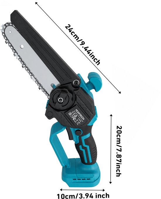 MAWIRON Mini Kettingzaag met Koolborstelmotor – 18V – 6 Inch – 2 × 3,0Ah Accu’s en Oplader – Draadloze Snoeizaag en Takkenzaag voor Tuinonderhoud — afbeelding 2