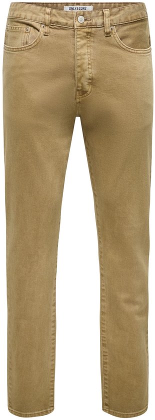 Voorkant van beige jeans met knoopsluiting en 'ONLY & SONS' detail.