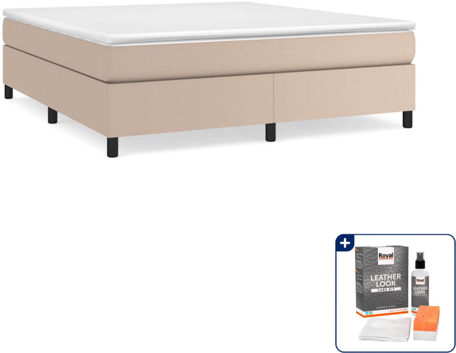 vidaXL Boxspring Queensize - 160 x 200 cm - kunstleer - cappuccino - Inclusief onderhoudsset voor kunstleer 150 ml Zwart