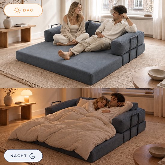 Boven: stel op de blauwe slaapbank. Onder: stel slapend onder een beige deken op de bank.