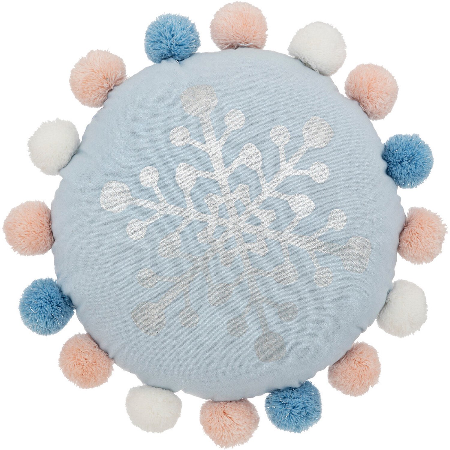 Atmosphera for kids - Rond kinderkussen met pompons HIVER, Ø 33 cm, blauw