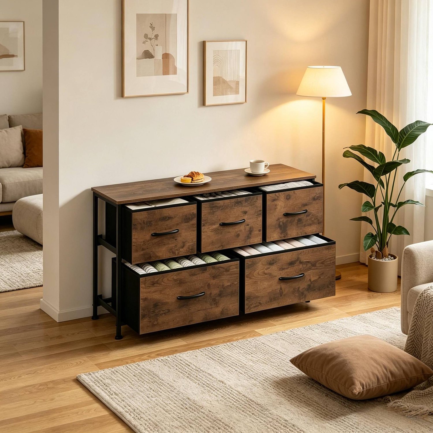CHICFURN Ladekast - 5 lades - Opbergruimte - Vrijstaand - Vintage bruin