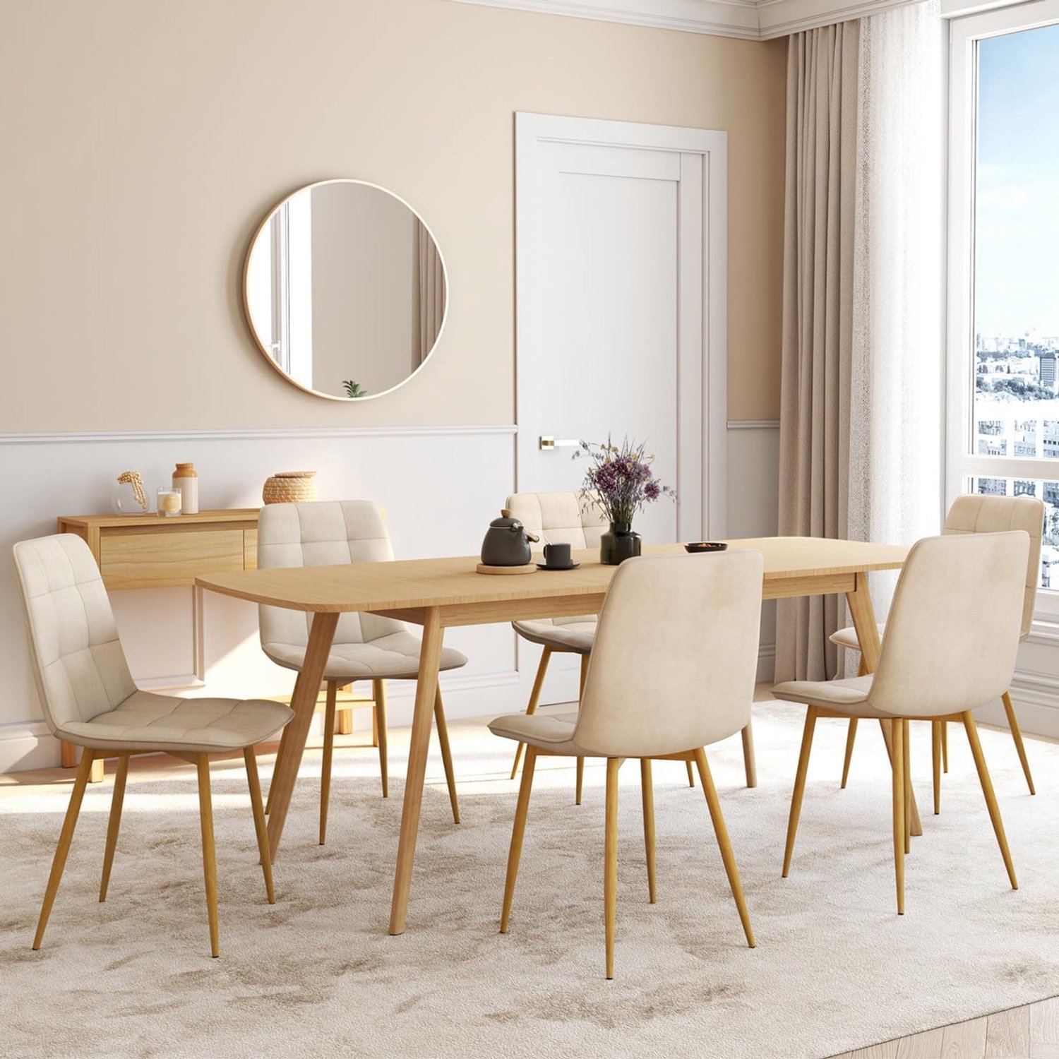 House&Garden Mila Velvet Eetkamerstoel – Set van 6 – Beige Fluweel – Houten Look Poten – 46 x 55 x 88 cm – Moderne Eetkamerstoelen