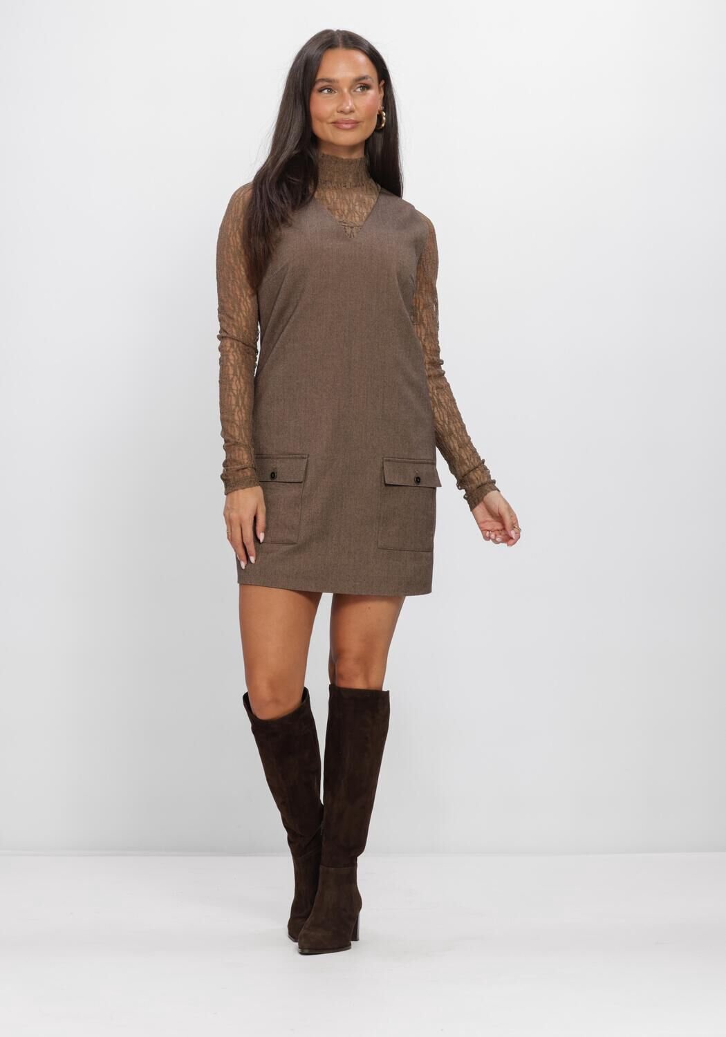 AAIKO Rivane Tweed Vis 518 Dames - Jurk - Bruin - Maat XL