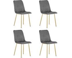 LAVA Eetkamerstoelen – Set van 4 – Grijs Velvet – Goudkleurige Metalen Poten – Comfortabele Gestoffeerde Zitting – Modern Design – Velvet Stoel voor Woonkamer, Keuken en Eetkamer – Max. 110 kg per Stoel