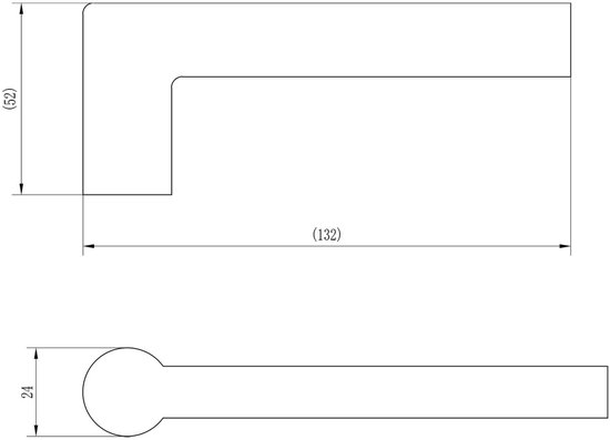 Technische tekening van een L-vormige deurkruk met een lengte van 132 mm en een hoogte van 52 mm.