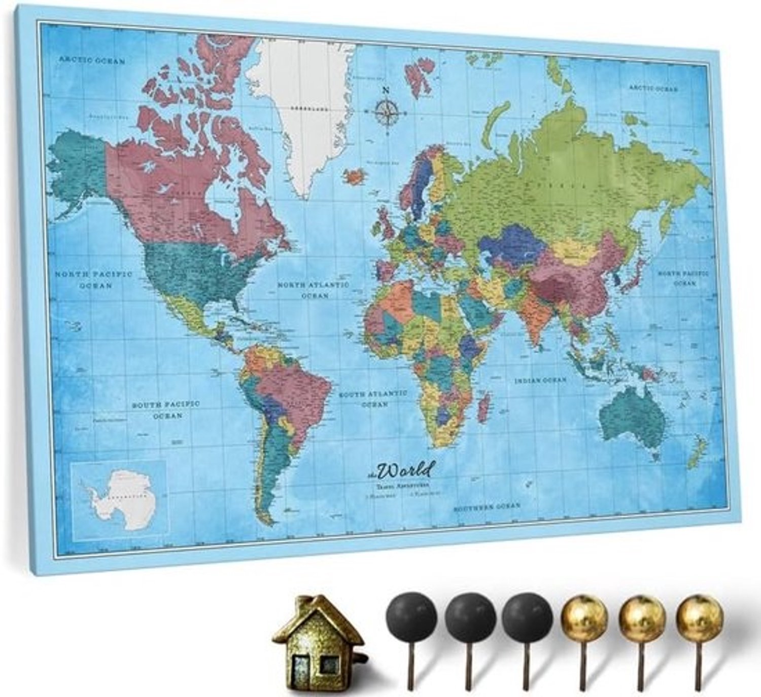 Canvas wereldkaart met kurken prikbord - wanddecoratie - 1 stuk - 70x50 cm