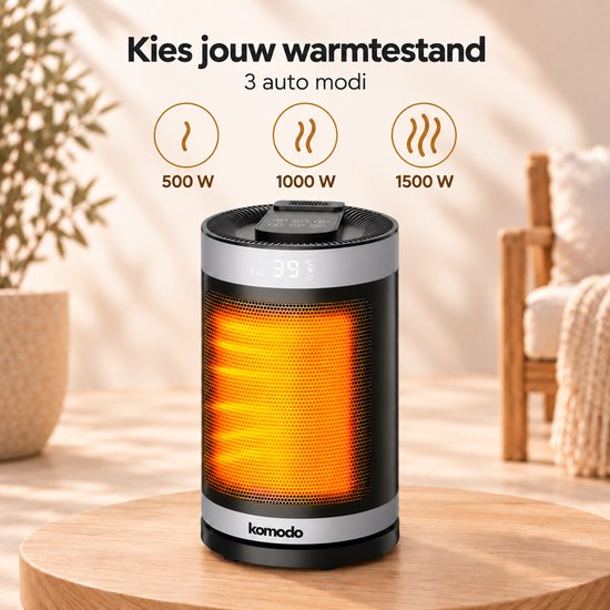Keramische kachel met 3 warmtestanden: 500W, 1000W en 1500W.