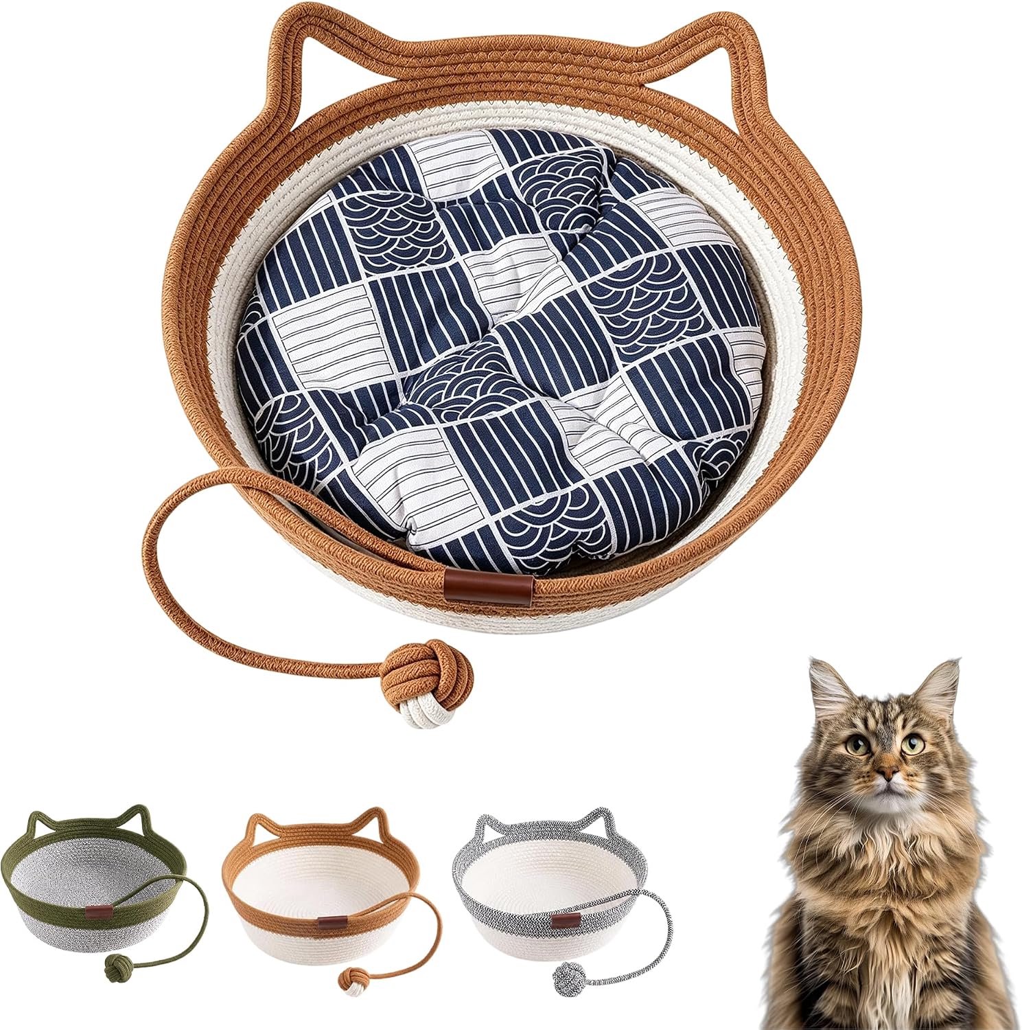 HisKes Handgeweven kattenmand van katoenen touw - Katoenen touw kattenmand met oorvormige handvatten en touwbal - Met wattenschijfje - Geschikt voor huisdieren tot 15 lbs - 40*15 cm - Bruin