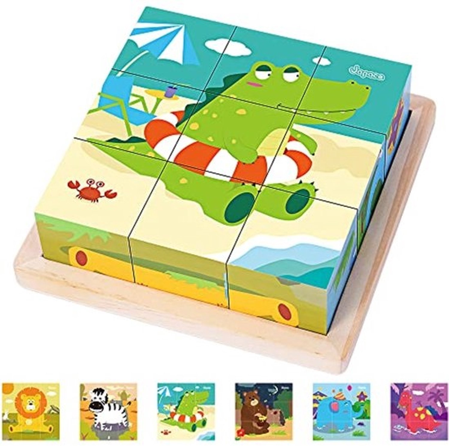 Japace houten 3D-kubuspuzzel - 6-in-1 dierenmotieven, voor kinderen vanaf 1, 2, 3, 4 jaar