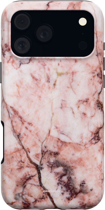 Achterkant van een smartphonehoesje met een roze marmeren print en een zwarte cameramodule.
