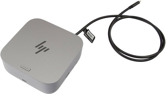 Grijze HP Thunderbolt 4-dockingstation met een aangesloten USB-C-kabel.