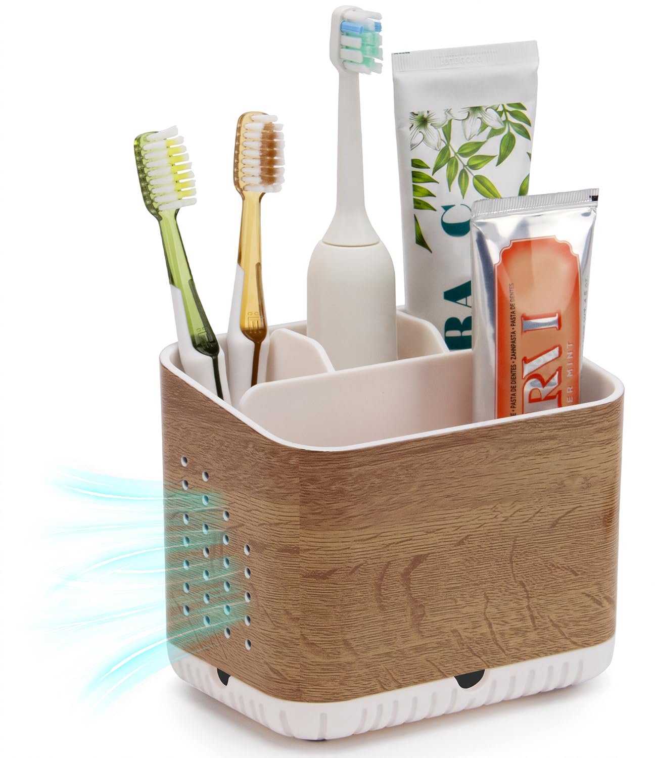 Tandenborstelhouder – Elektrische Tandenborstelhouder met Afvoergaatjes – 4 Slots Badkamer Organizer – Houtnerf Design – Eenvoudig te Reinigen