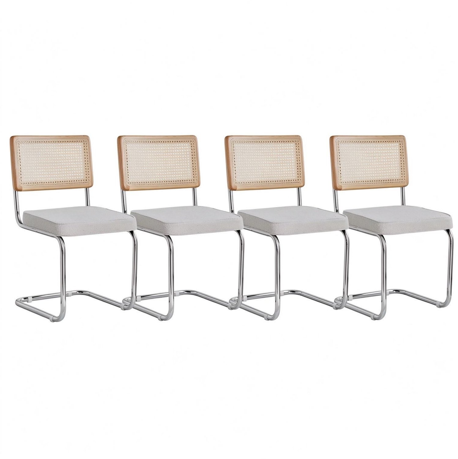 SONNENH Eetkamerstoelen set van 4 - Witte velvet zitting - Naturel rotan rug met houten rand - Metalen sledeframe Wit met naturel houten rugrand en zilverkleurig frame