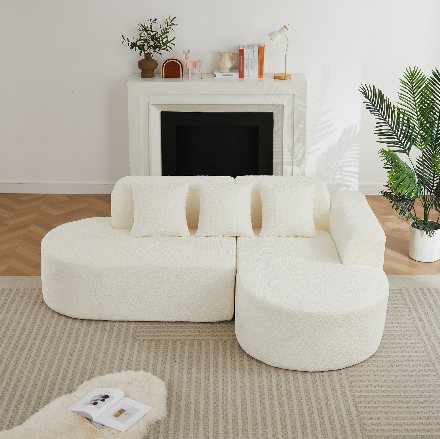 MODENUIT Hoekbank - Rechter Ligvlak en 3 Rugkussens - Woonkamer - Chenille Beige - 222 x 157 x 73 cm Crème