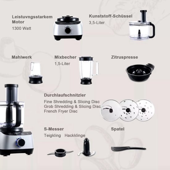 J&R Keukenmachine - Alles-in-één keukenmachine - Multifunctioneel apparaat - 11 in 1 - Blender - Citruspers - Kneden - Hakken - Malen - Mixen - 1300W - Zilvergrijs van J&R — afbeelding 2
