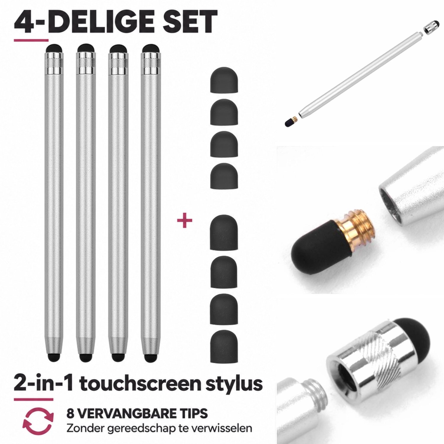 Casety 4 stuks stylus touchscreen pennetjes - Zilver