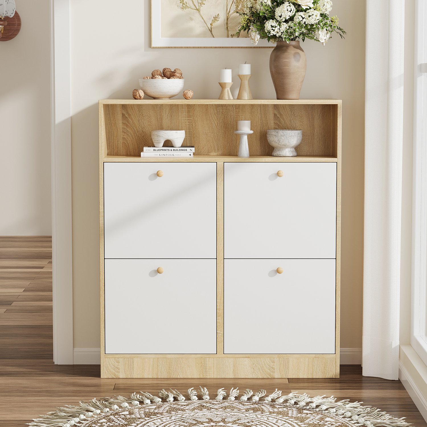 CHICFURN Schoenenkast - 4 klappen - Verstelbare vakken - Staand - Wit naturel Natuurlijk en wit