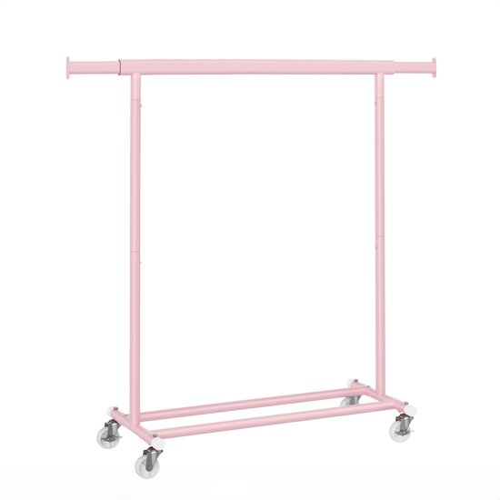 Roze stalen kledingrek op wieltjes met verstelbare zijstangen.
