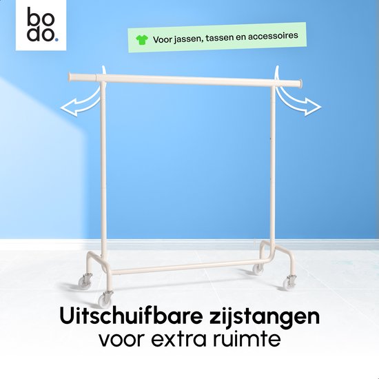 Crème kledingrek met uitschuifbare zijstangen tegen een blauwe achtergrond. Tekst: Uitschuifbare zijstangen voor extra ruimte.