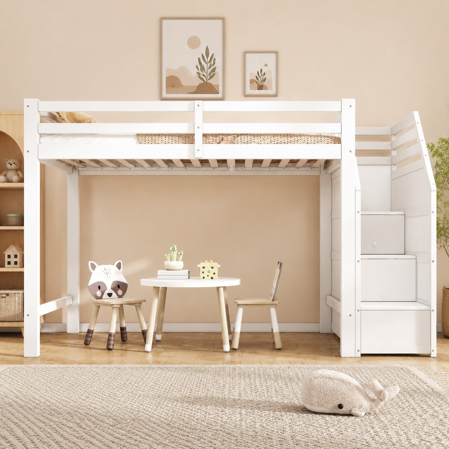 WUVRIE Hoogslaper 90x200 cm - Lattenbodem en trap met opbergruimte - Veiligheidshek - Wit