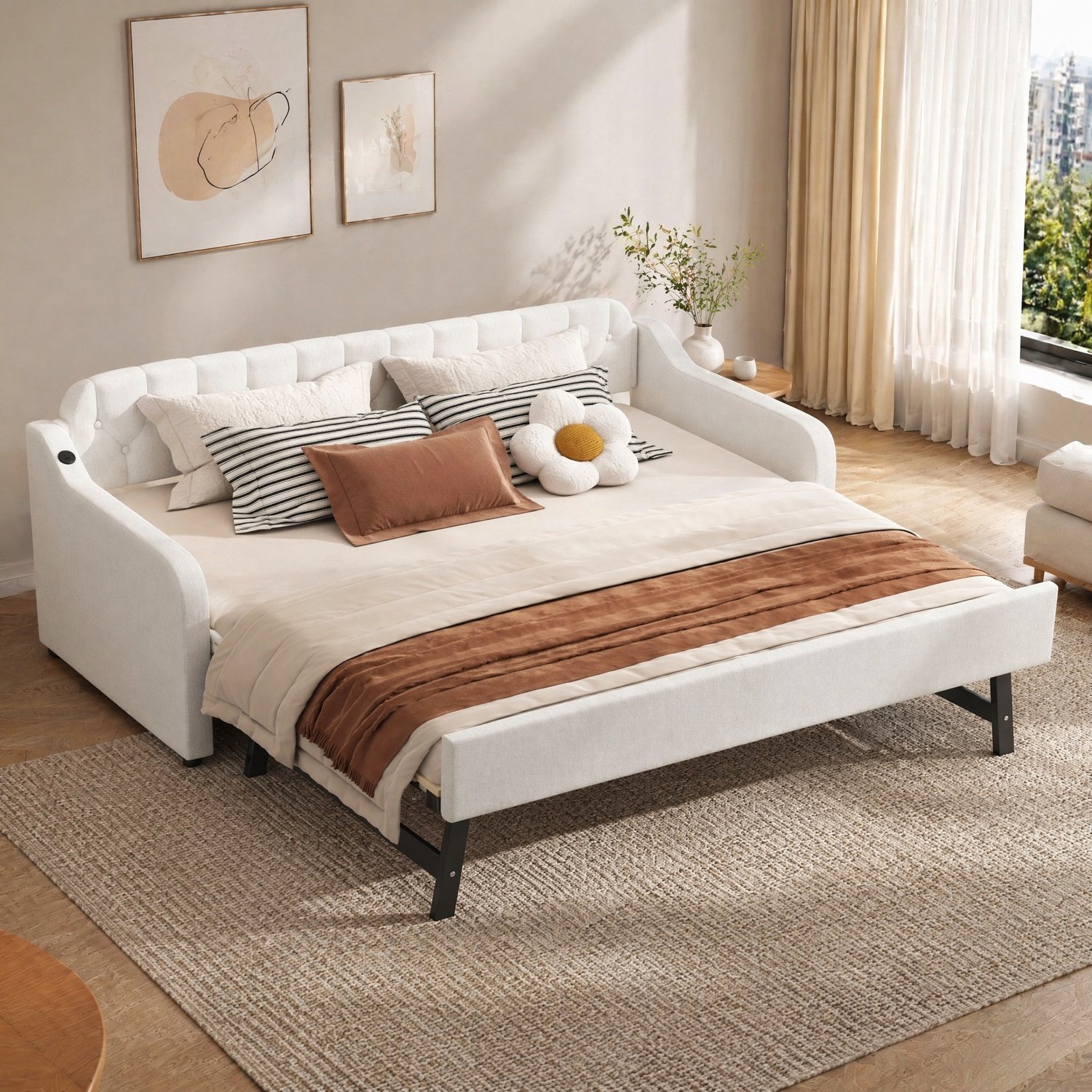 WUVRIE Slaapbank 90x200 cm - Met uitschuifbed en USB-aansluiting - Beige