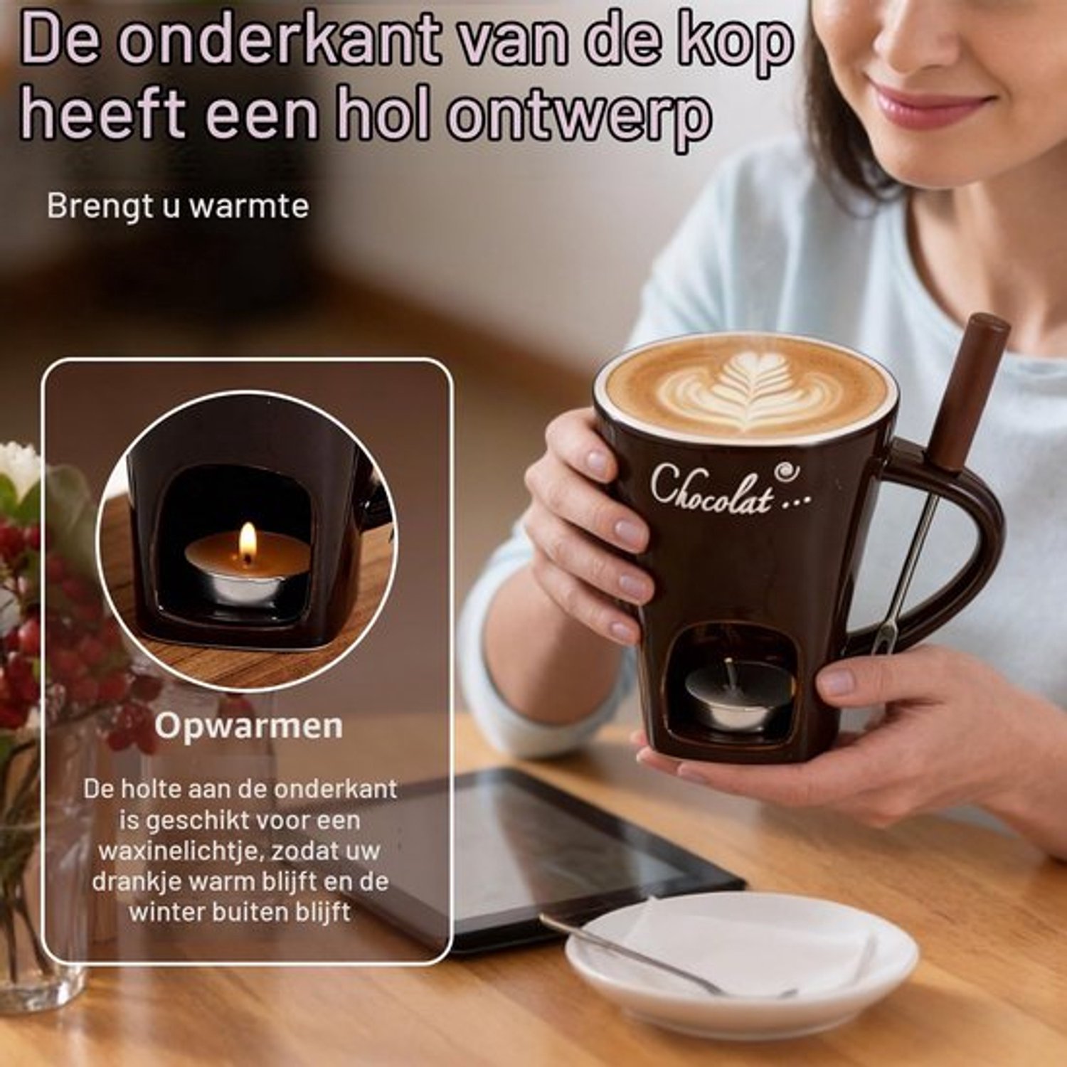 Fonduebeker van keramiek, 200 ml chocoladefondue keramische set, kaasfondue met kaars en vorken, chocoladefondue kopjes, smeltbekers voor snoep en chocolade (C) – foto 6