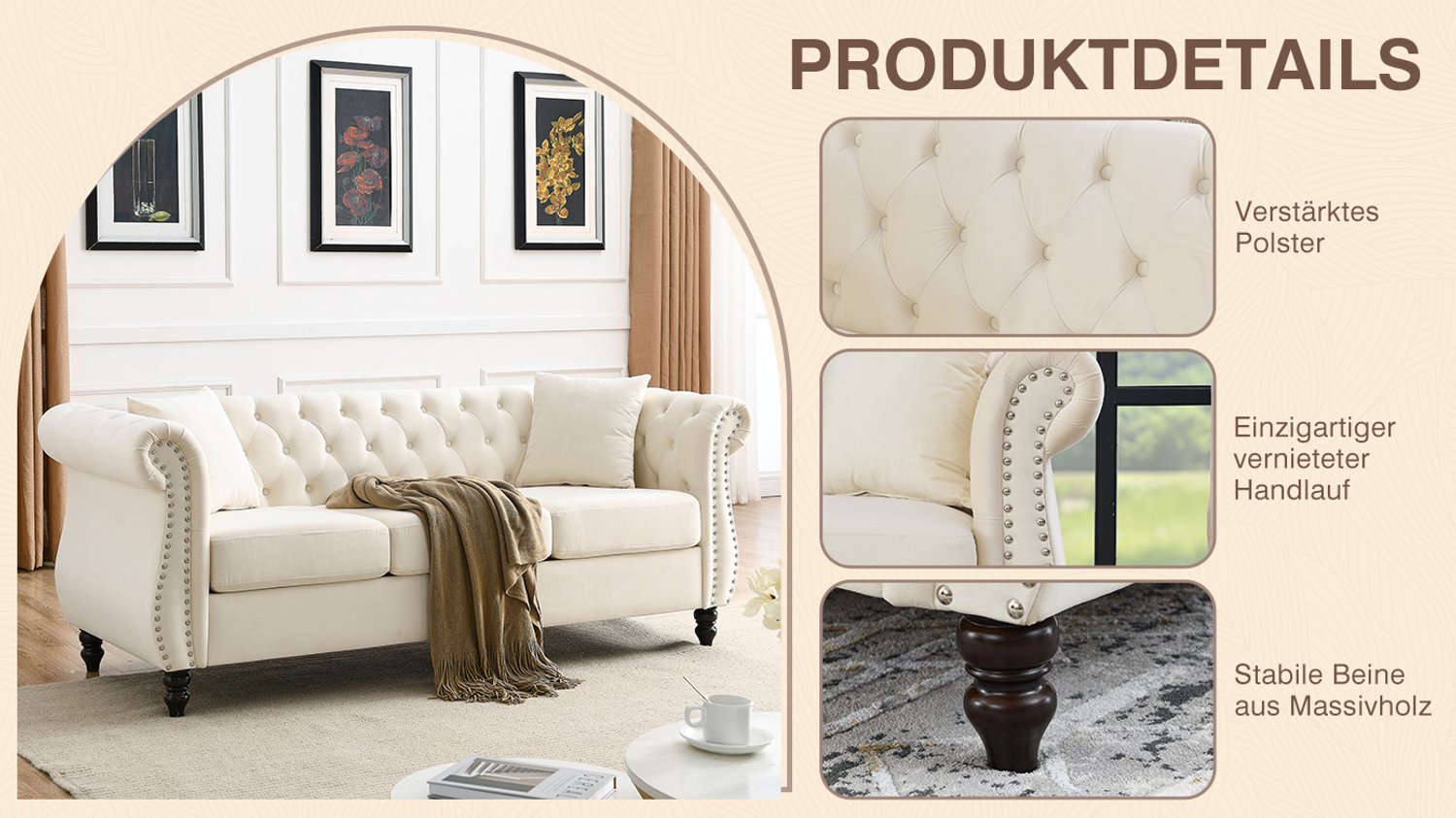 MIVRAY Chesterfield Bank 2-Zits - Gecapitonneerde Rugleuning en Siernagels - Voor Woonkamer en Kantoor - Fluweel en Hout - Beige