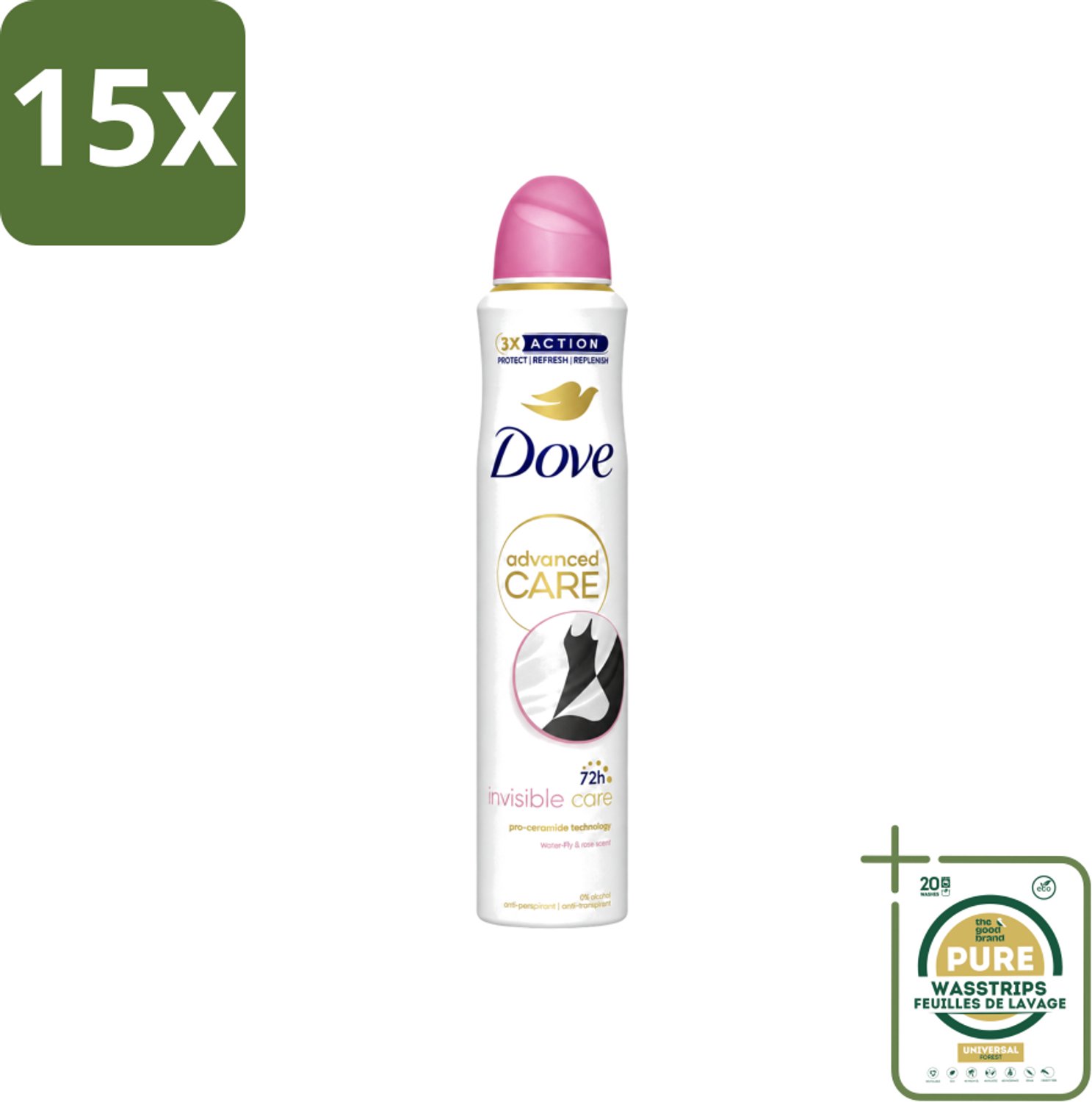 15 x Dove Deodorant Spray - Invisible Care - 200 ml - Wasstrips - Deodorant Spray - Anti-Transpirant - Zweetbehandeling - Onzichtbare Bescherming - Frisheid