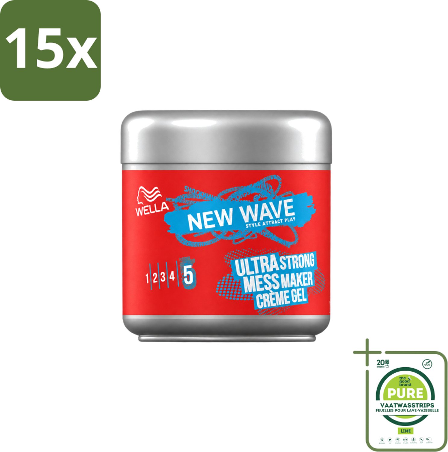 15 x Wella – New Wave Mess Maker Ultra Strong – Haargel – 150 ml - Grootverpakking - Vaatwasstrips - Warrige Look - Haarstyling - Haarfixatie - Crème-gel - Natuurlijke Textuur