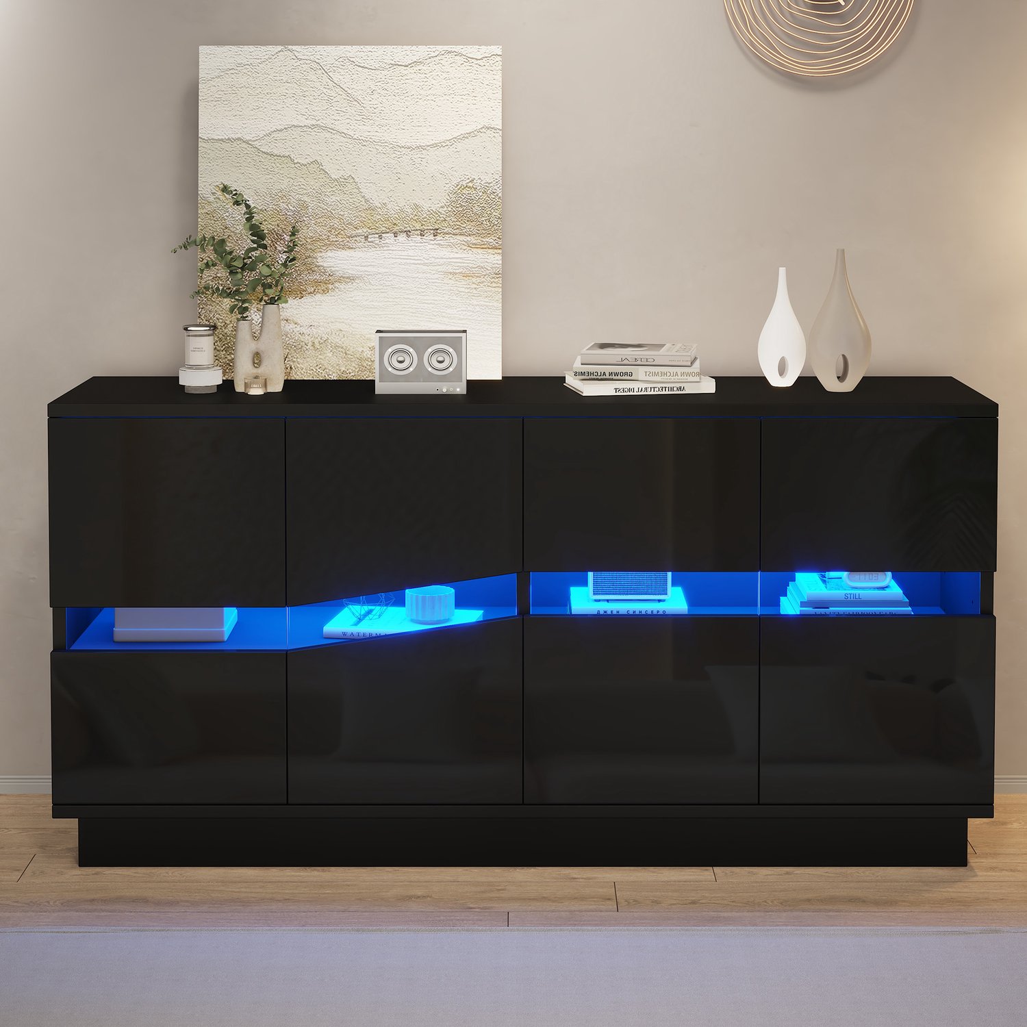 MODENUIT Dressoir - 4 Deuren Met Ledlicht - Voor Woonkamer En Eetkamer - Spaanplaat - Zwart - 140x35x70 Cm