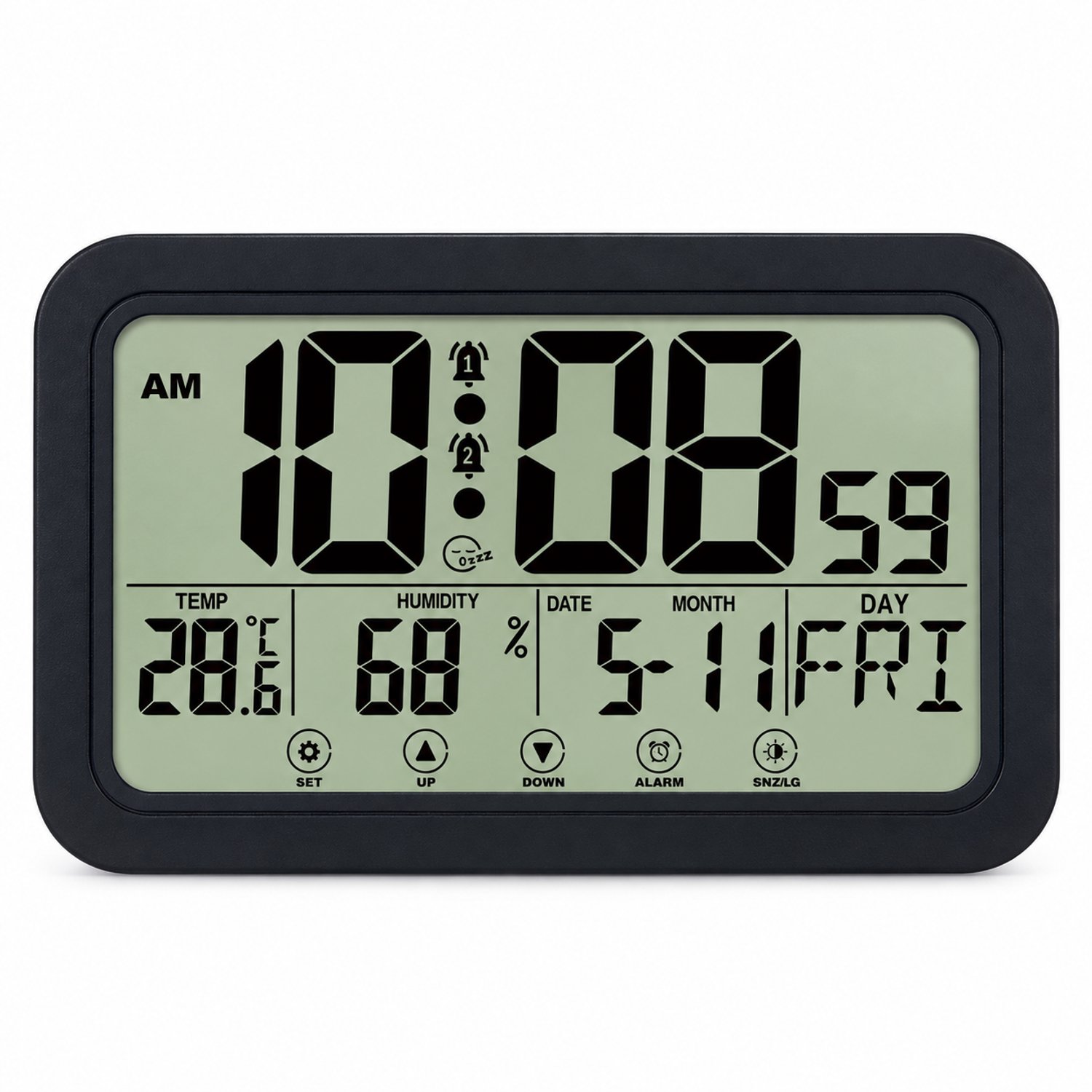 wekker met LCD-display - Tijd, temperatuur, luchtvochtigheid en kalender - Touchbediening - Op batterijen - Zwart - Voor wand en tafel