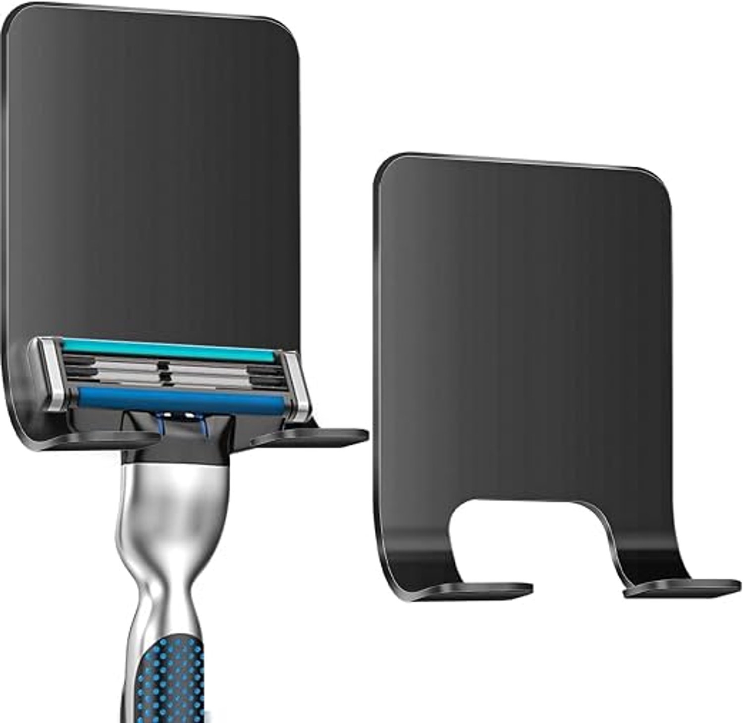 Scheerapparaathouder voor de douche, 2 stuks, zwarte scheerapparaathouder, geen boren nodig, roestvrijstalen scheerapparaathouder, zelfklevende houder voor scheerapparaat, geschikt voor douchedeur en muur.