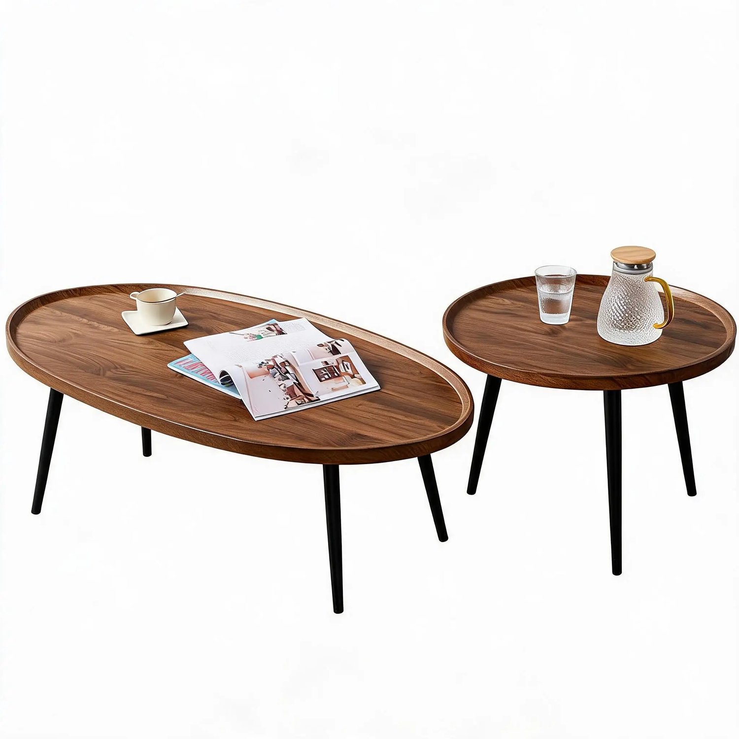 Gudalio Salontafel - Set van 2 - Bijzettafel - Koffietafel - Banktafel - Scandinavisch - Metalen Poten - Houten Blad - Ovaal & Rond