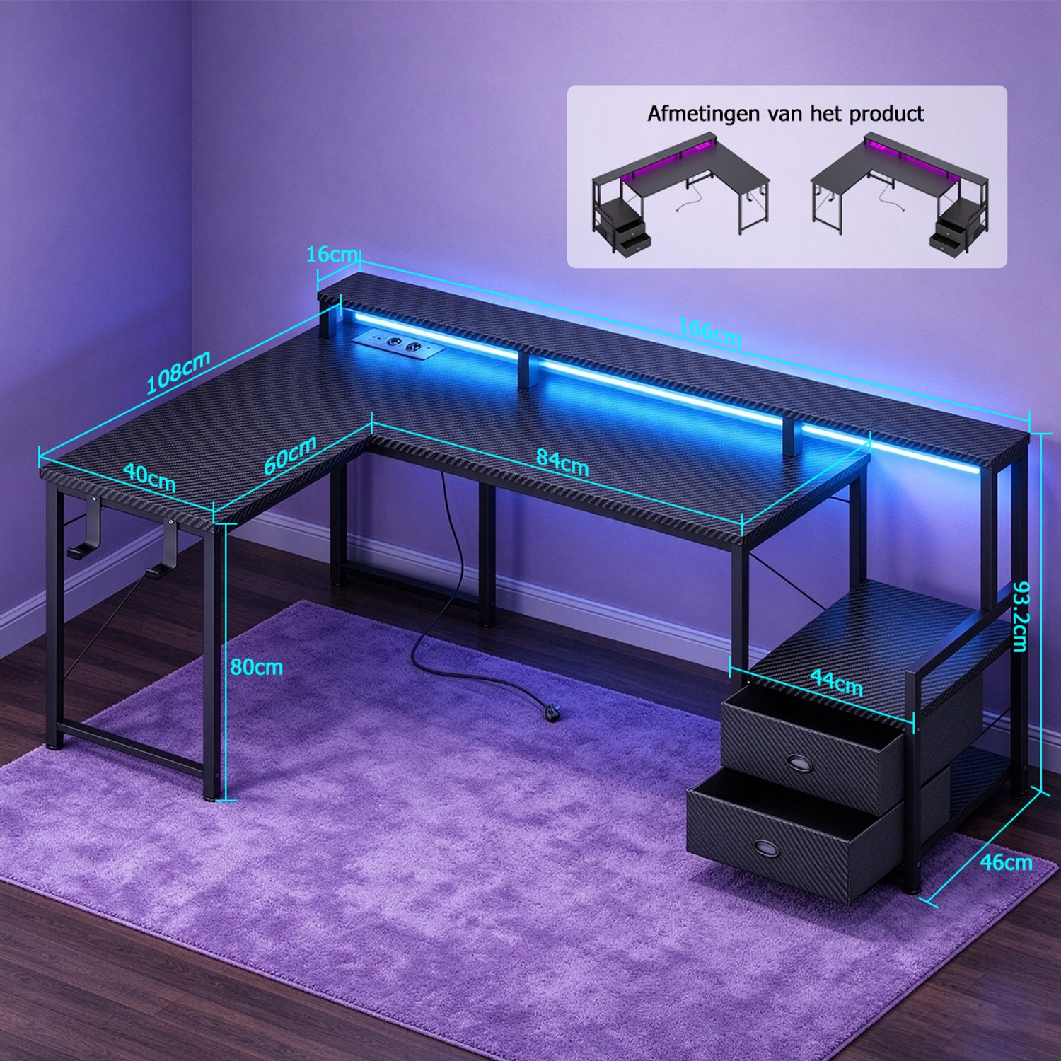 null L-Vormig Gaming Bureau LED - afbeelding 2