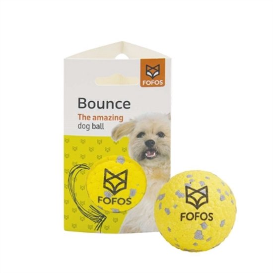 Fofos 'Bounce' hondenspeelgoedverpakking met een gele, gevlekte stuiterbal en een vrolijke hond.