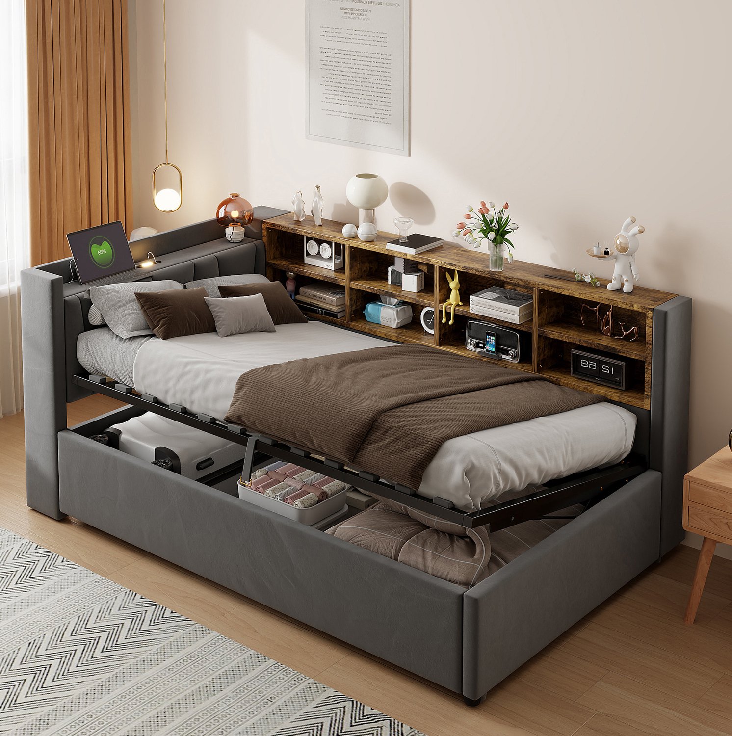 STILVORA Gestoffeerd Bed 90x200 cm – Slaapbank met Hydraulische Opbergruimte – Nachtlamp en Oplaadaansluitingen – Fluweel – Zonder Matras – Grijs Donkergrijs