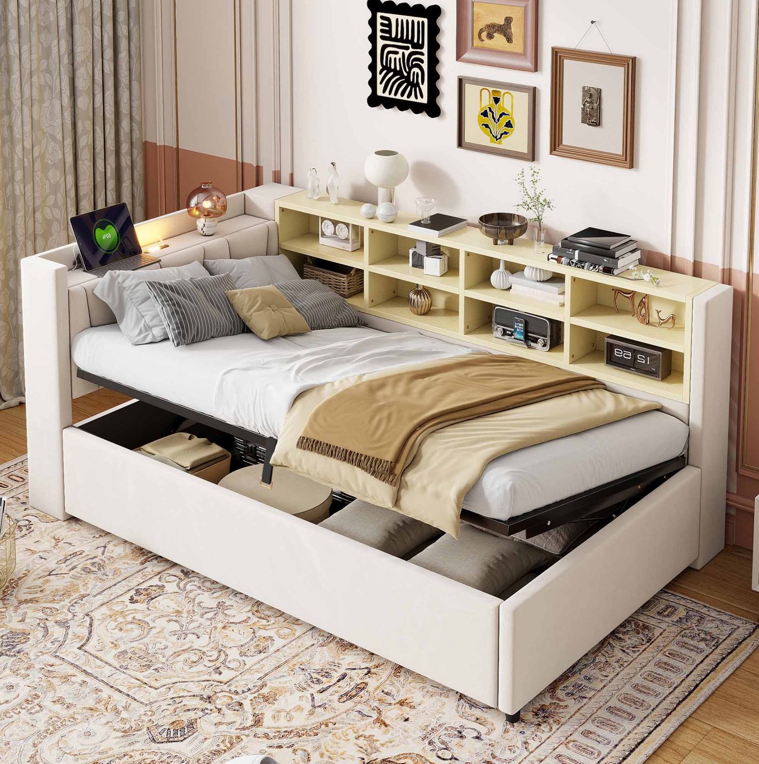 OKWISH Gestoffeerd Eenpersoonsbed 90x200 cm - Slaapbank met Hydraulische Opbergruimte - Nachtlampje en Oplaadaansluitingen - Fluweel - Beige