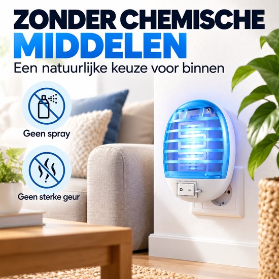 Blauwe muggenlamp in stopcontact, zonder chemicaliën of sterke geuren.
