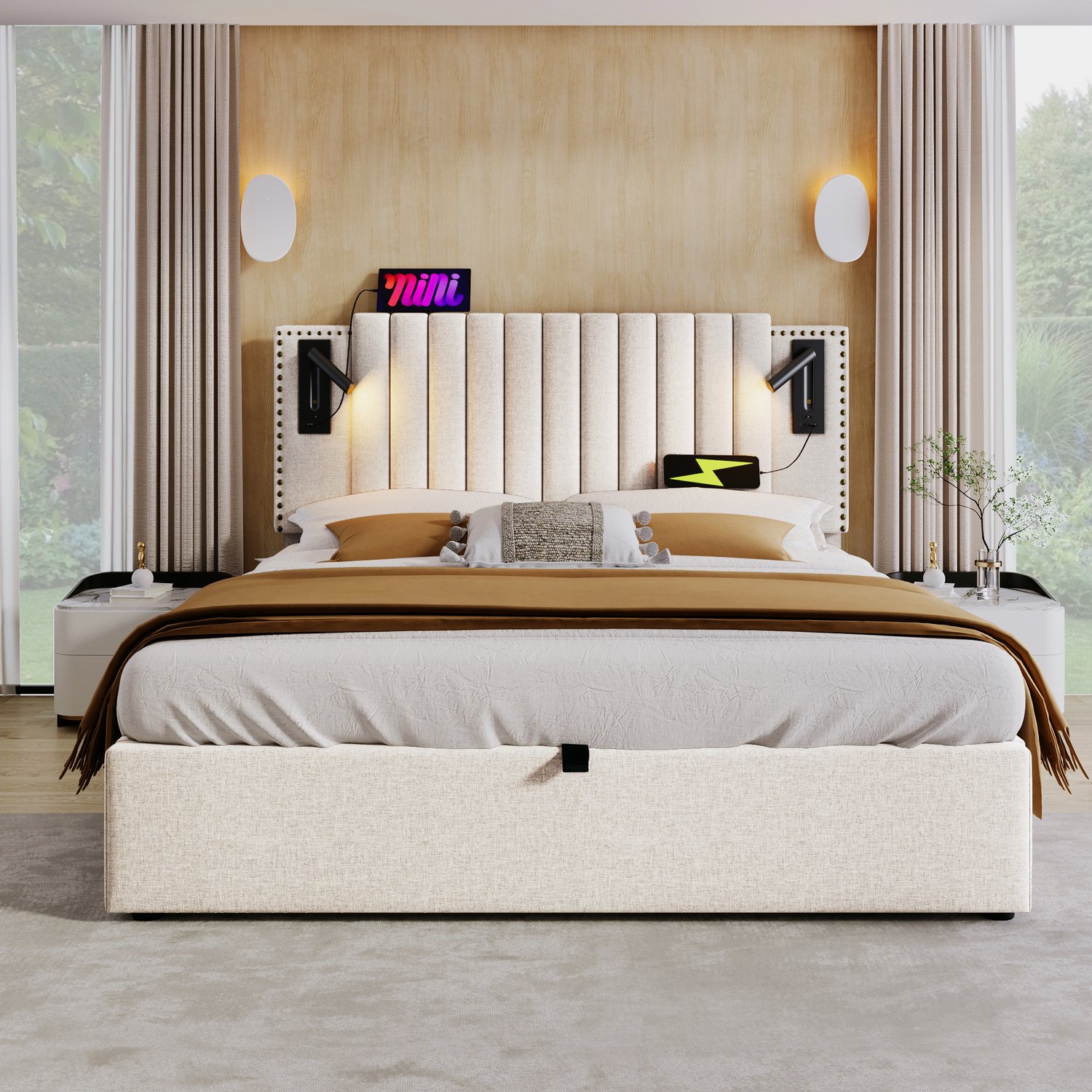 WUVRIE Gestoffeerd bed 160x200 cm met matras - Opbergruimte, leeslamp en USB-aansluitingen - Beige