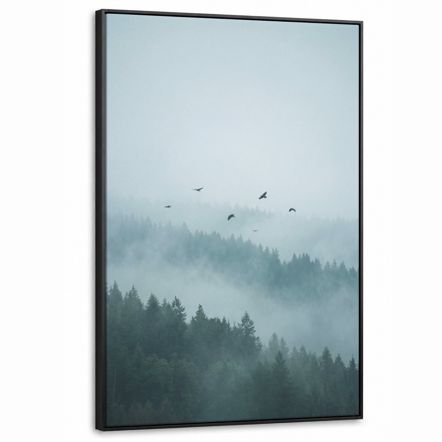 Canvas Schilderij met Baklijst - Bos - Mist - Vogels - Natuur - Groen