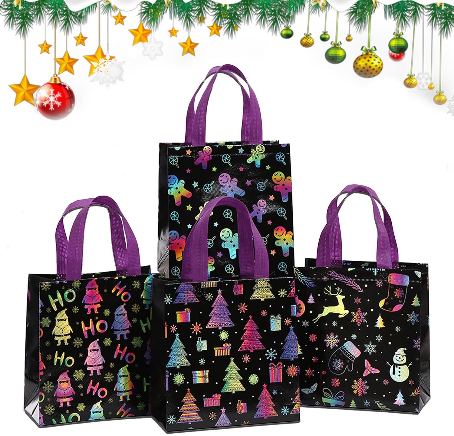 Set van 4 Herbruikbare Kersttassen met Handvatten