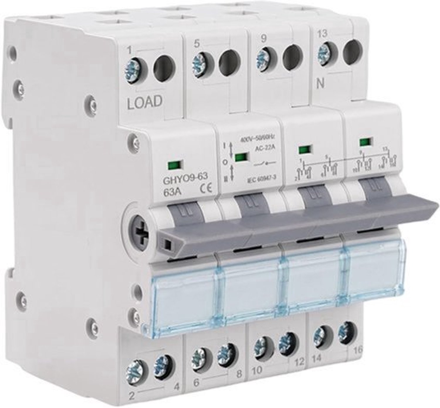 Omschakelaar 4P 63A, GYHO9-63 Dual Power Transferschakelaar Handmatige Transfer Schakelaar 400VAC Met Stroomindicatielampje DIN-rail Montage