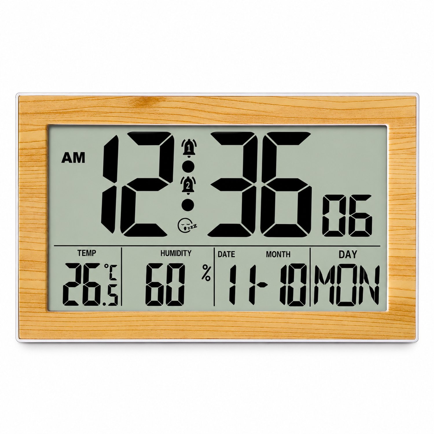 Digitale wekker en wandklok - LCD zonder achtergrondverlichting - Temperatuur, luchtvochtigheid en kalender - Op batterijen - Bamboehoutlook