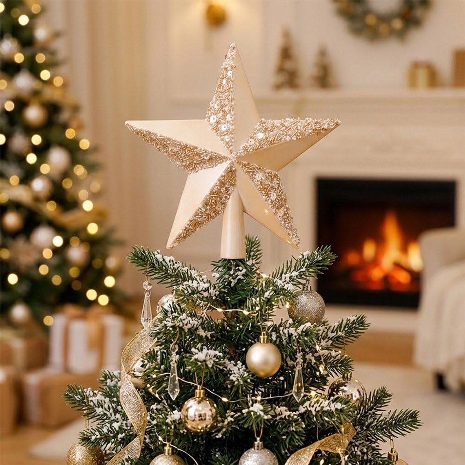 Kerstboomtopversiering in de vorm van een ster - Kerstdecoratie - Kerstboomtop - Voeg een prachtig accent toe aan kerstfeesten en winterse bijeenkomsten met de familie - Champagnekleur – foto 6