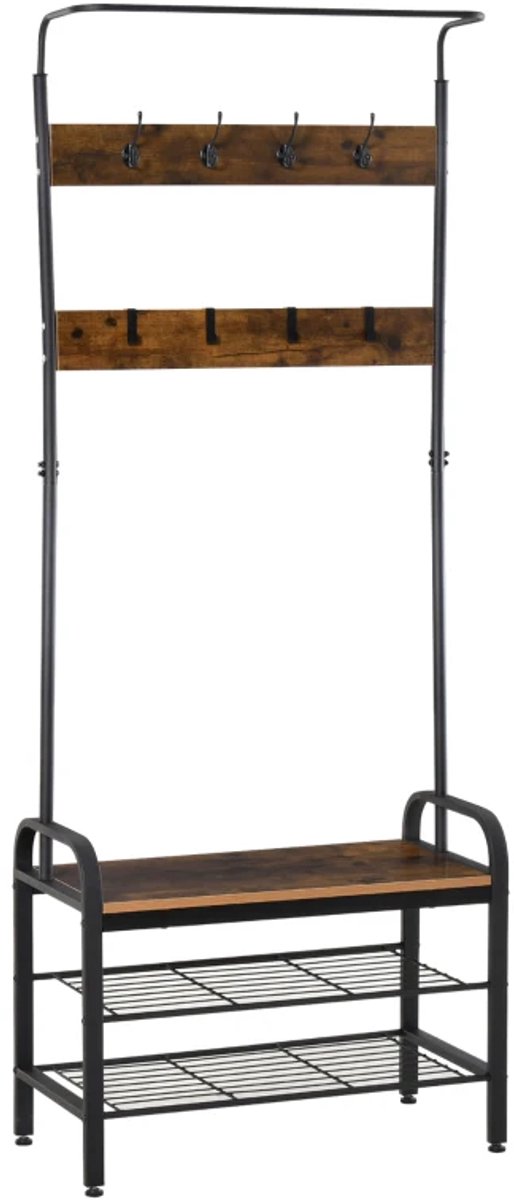 ZYLARO Kapstok - Schoenenrek En Kledingrek Met 8 Haken En 2 Planken - MDF - 72 x 34 x 185 cm - Zwart zwart + natuurlijk